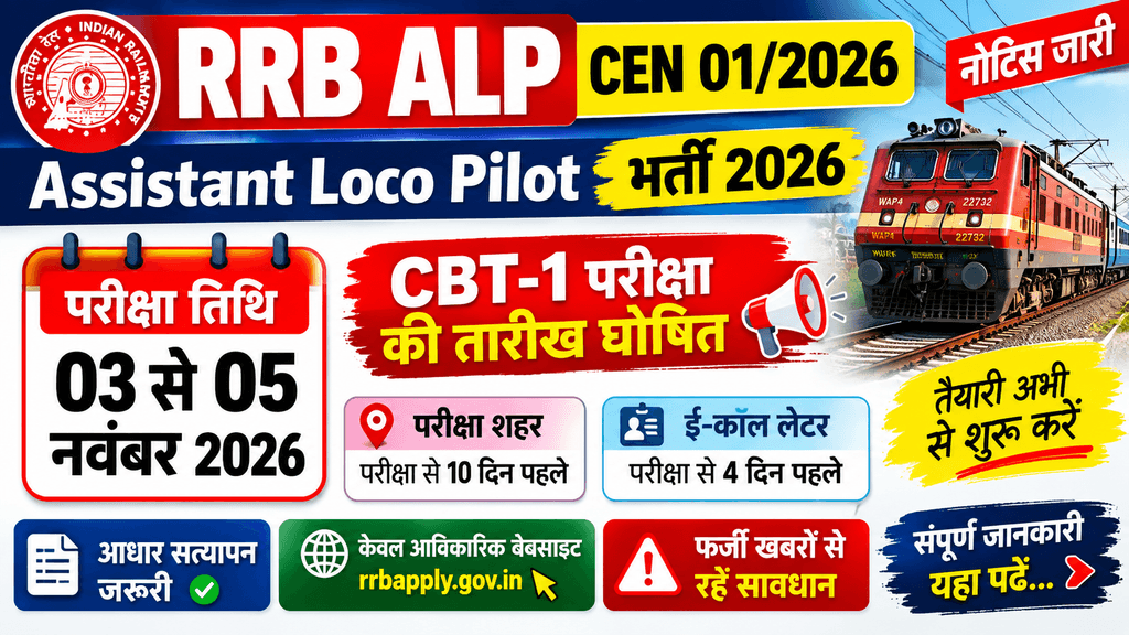 RRB ALP CBT 1 Exam Date 2026: सीईएन 01/2026 असिस्टेंट लोको पायलट परीक्षा 3 से 5 नवंबर को, नोटिस जारी
